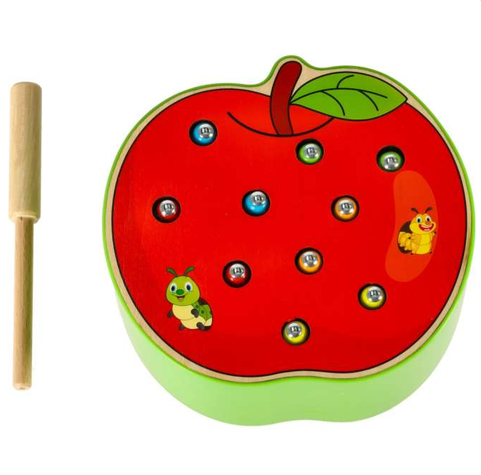 Jeu d’Éveil en Bois Pêche Magnétique – Attrape les Vers dans la Pomme Montessori (Motricité Fine)