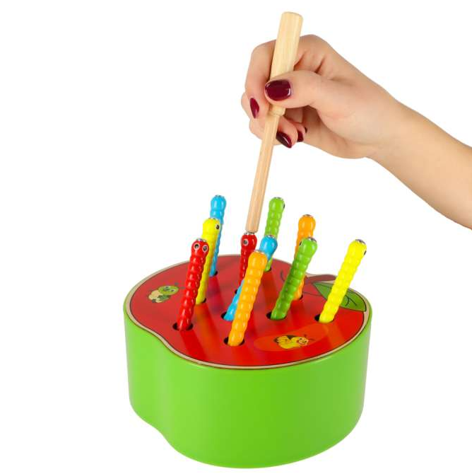 Jeu d’Éveil en Bois Pêche Magnétique – Attrape les Vers dans la Pomme Montessori (Motricité Fine)