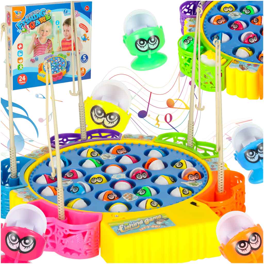 Jeu de Pêche à la Ligne Musical et Rotatif – Jeu de Société Enfant (24 Poissons & 5 Cannes)