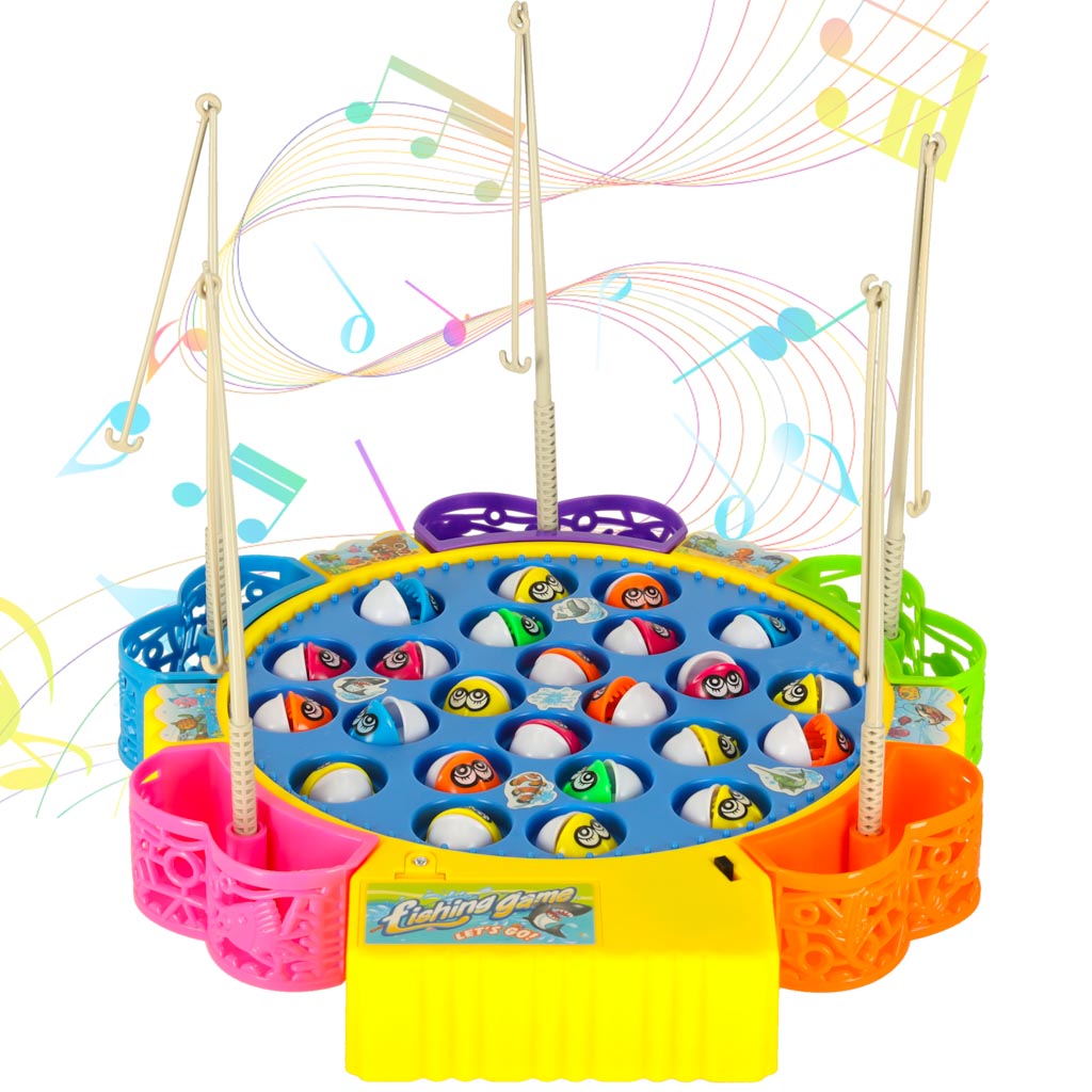 Jeu de Pêche à la Ligne Musical et Rotatif – Jeu de Société Enfant (24 Poissons & 5 Cannes)