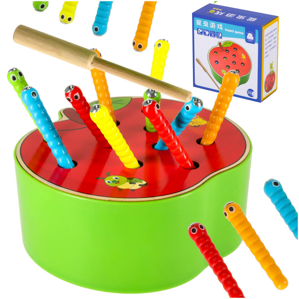 Jeu d’Éveil en Bois Pêche Magnétique – Attrape les Vers dans la Pomme Montessori (Motricité Fine)